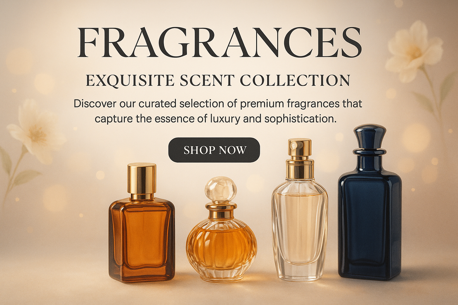  Fragrances This is my collection. Design me a nice banner that has the title, subheading, and description of my collection written on it, and also shows a shop button and an image of my collection.