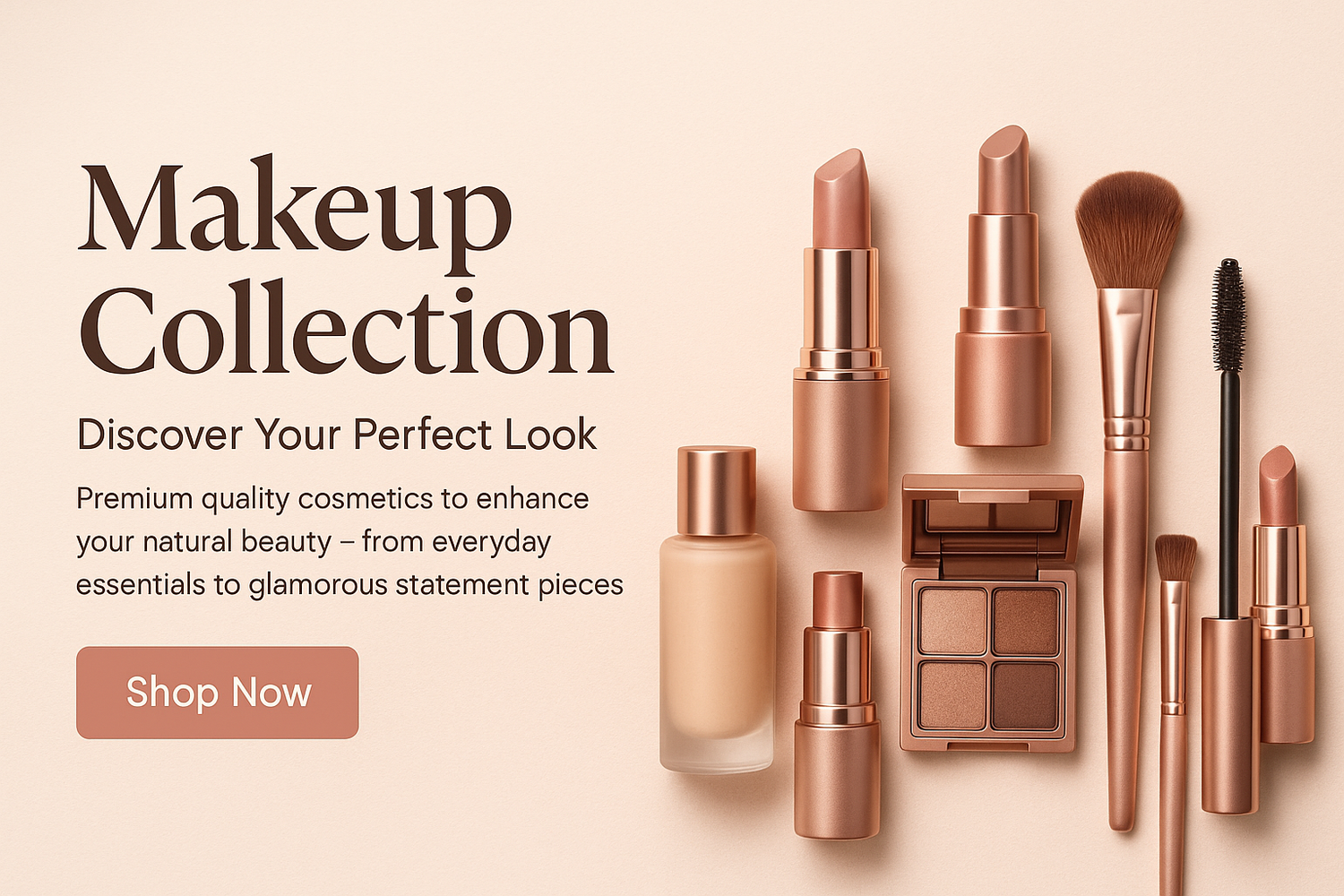 Makeup This is my collection. Design me a nice banner that has the title, subheading, and description of my collection written on it, and also shows a shop button and an image of my collection.
