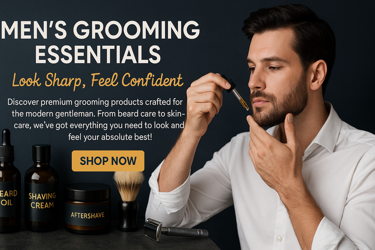 Men' Groming I need to generate a banner and the size of the banner should be 1800 x 820. I want to use the banner for my e-commerce store. The banner should have an image related to my category and a nice heading at the top and a shop now button and subheading and description written in a cute style.