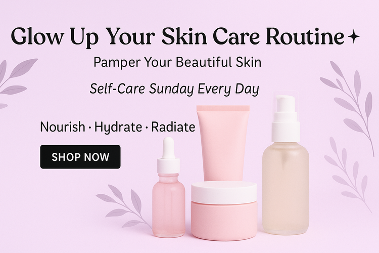 Skin Care Please generate a banner for me. The size of the banner should be 1700 x 820. I want to use the banner for my e-commerce store. The banner should have an image related to my category and a nice heading at the top, a shop now button, and subheadings and descriptions written in a cute style. I will give you the color combination of my store. It would be nice if you could make a banner according to it. F4BEFF and 000000